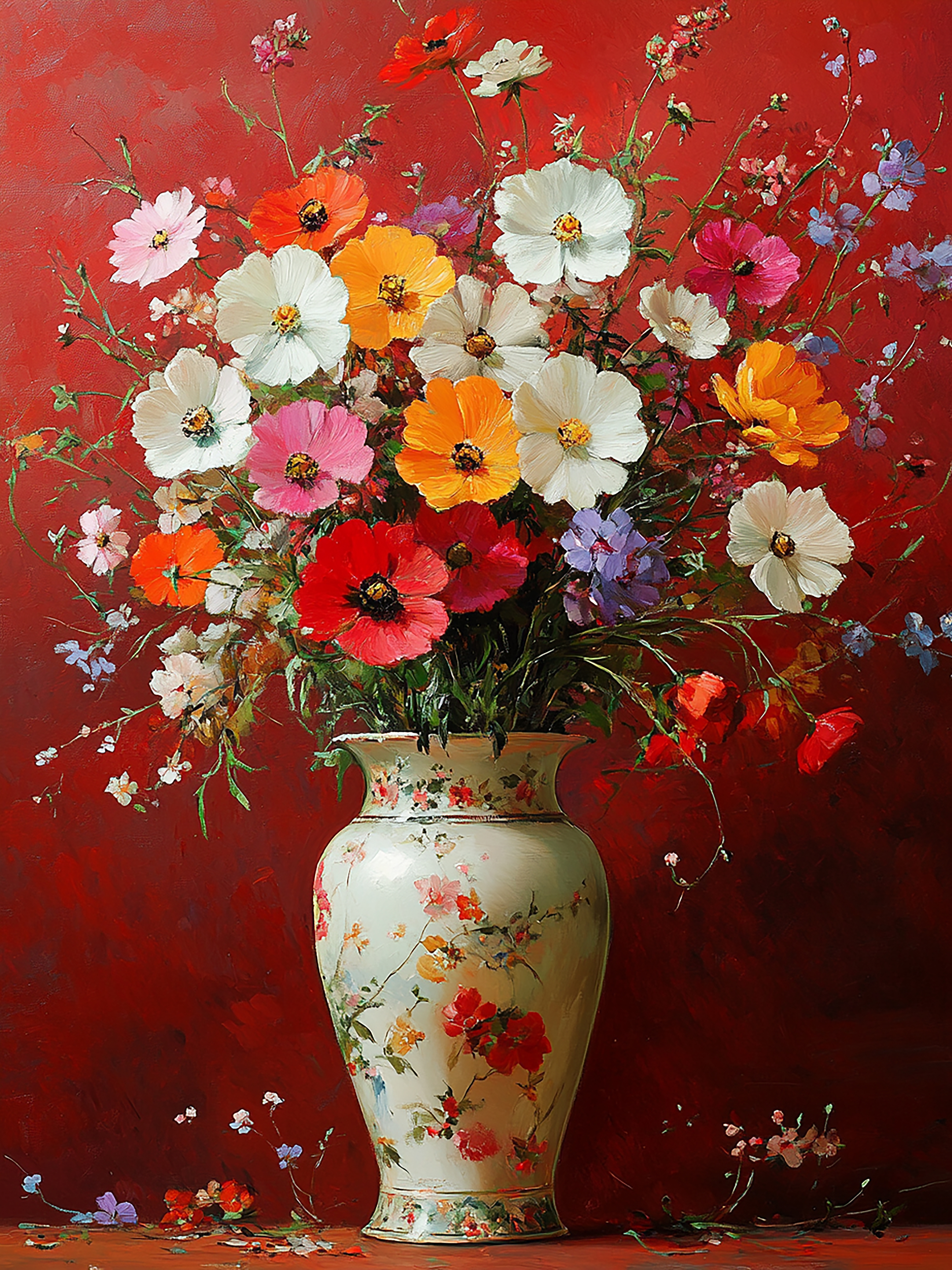 Tranh Canvas Bình Hoa Đa Sắc Nền Đỏ - Sang Trọng & Hợp Phong Thủy