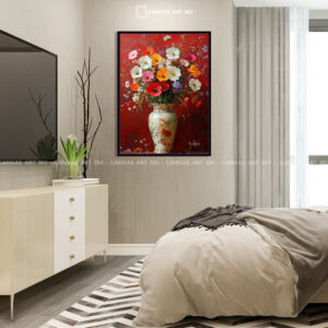 Tranh Canvas Bình Hoa Đa Sắc Nền Đỏ - Sang Trọng & Hợp Phong Thủy