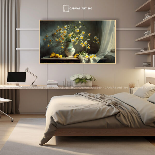 Tranh Canvas Tĩnh Vật Hoa Thủy Tiên & Chanh – Vẻ Đẹp Vintage Sang Trọng